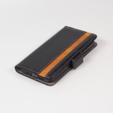iPhone 13 Pro Max Leder Tasche - Flip Wallet Echtleder mit Akzentstreifen & Kartenhalter - Schwarz