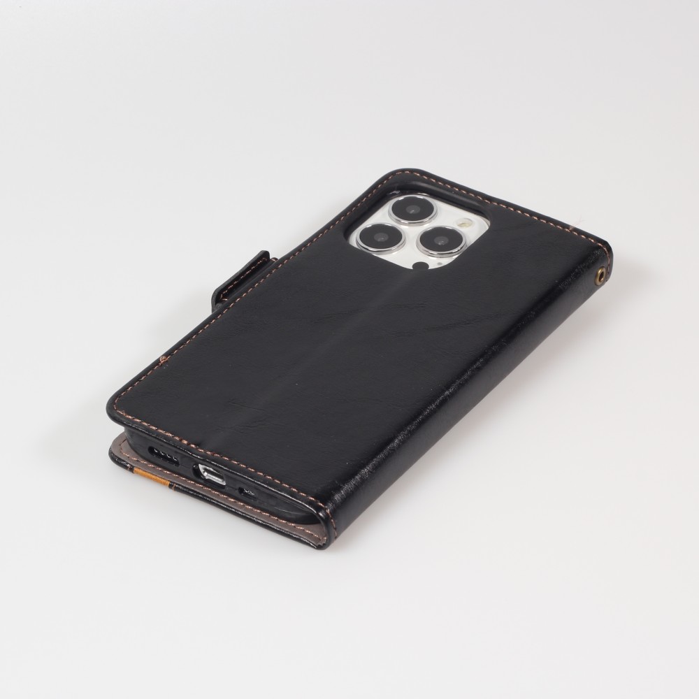 iPhone 13 Pro Max Leder Tasche - Flip Wallet Echtleder mit Akzentstreifen & Kartenhalter - Schwarz