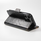 iPhone 13 Pro Max Leder Tasche - Flip Wallet Echtleder mit Akzentstreifen & Kartenhalter - Schwarz