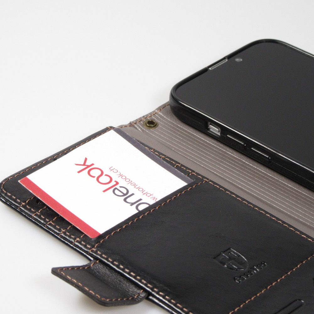 iPhone 13 Pro Max Leder Tasche - Flip Wallet Echtleder mit Akzentstreifen & Kartenhalter - Schwarz