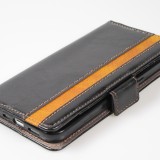 iPhone 13 Pro Max Leder Tasche - Flip Wallet Echtleder mit Akzentstreifen & Kartenhalter - Schwarz