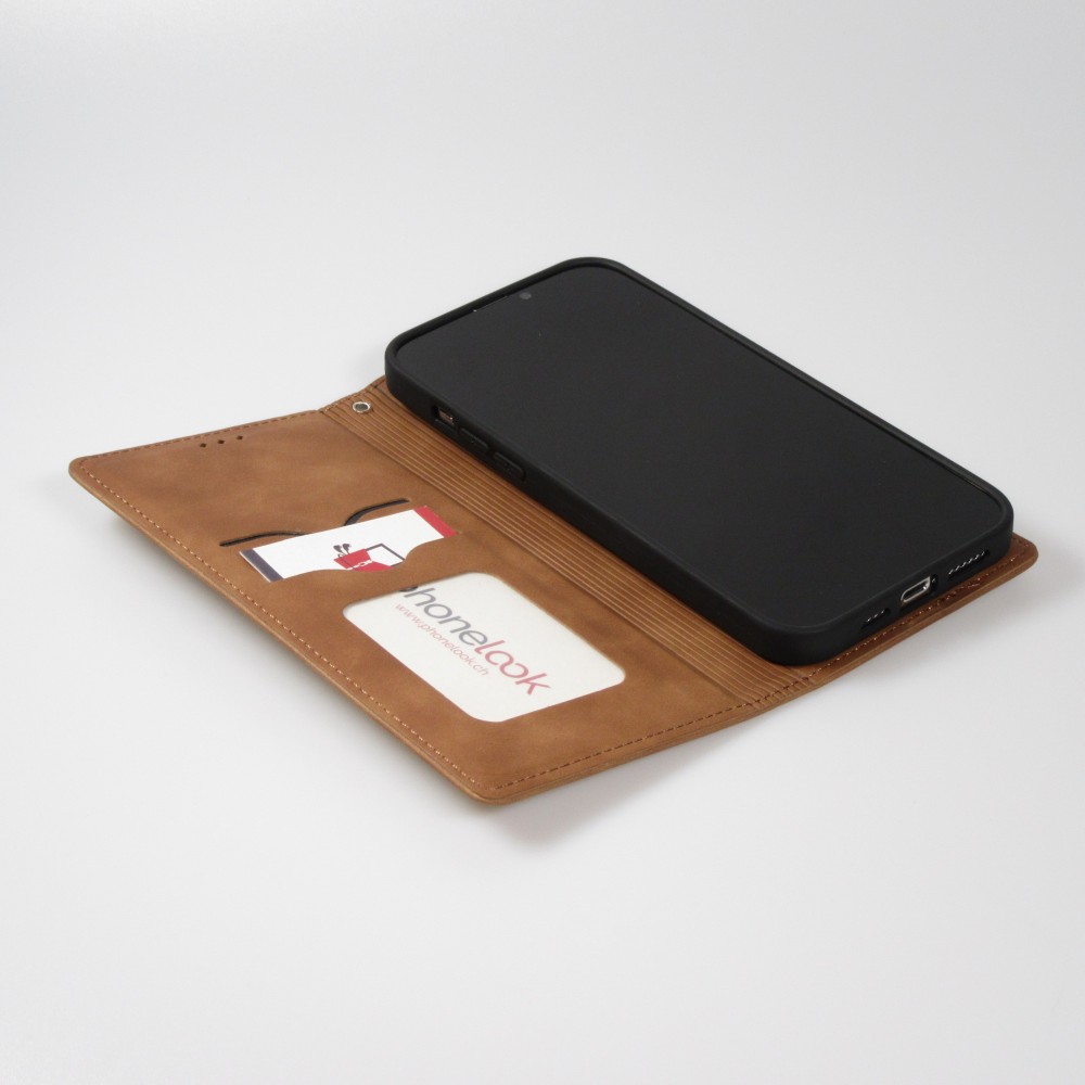 iPhone 16e Leder Tasche - Flip Wallet vintage mit Magnetverschluss und Kartenhalter - Braun