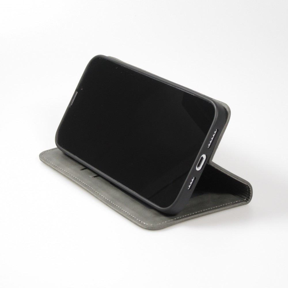 Leder Tasche Case iPhone 15 Pro Max - Flip Wallet vintage mit Magnetverschluss und Kartenhalter - Grau