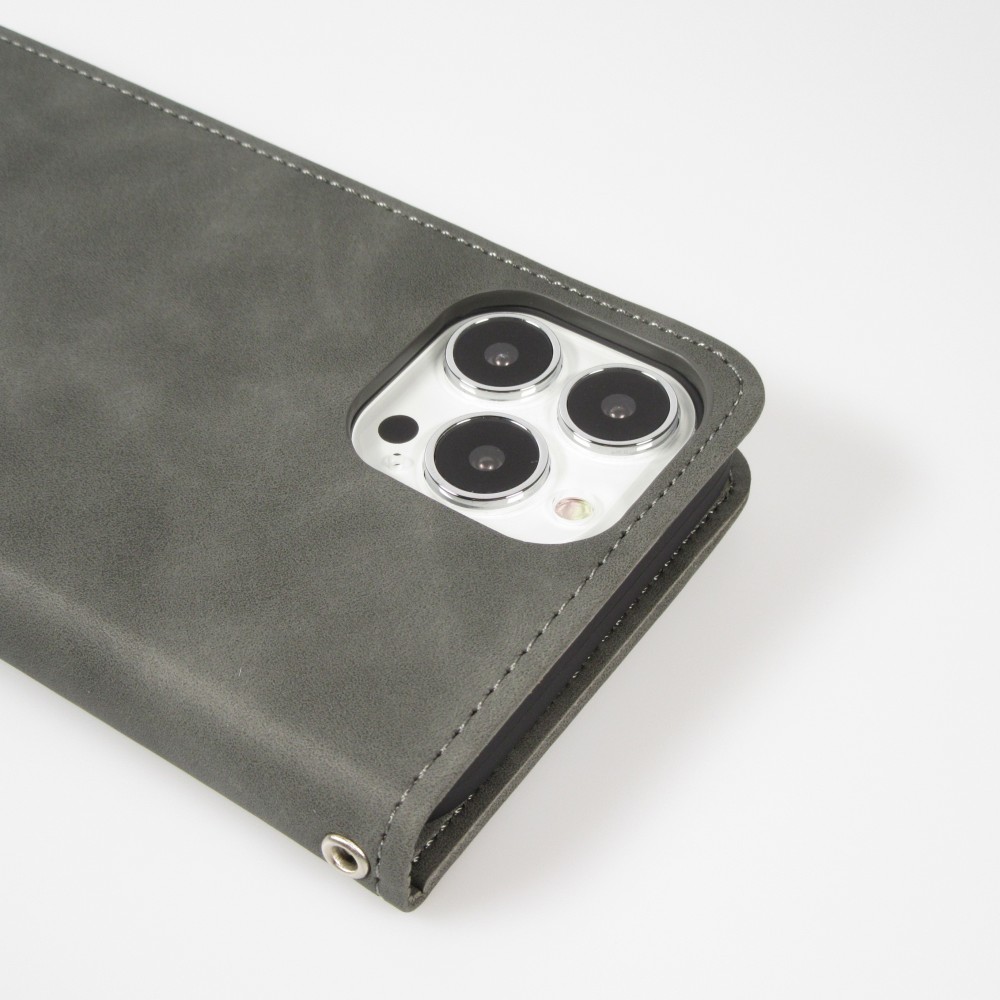 Leder Tasche Case iPhone 15 Pro Max - Flip Wallet vintage mit Magnetverschluss und Kartenhalter - Grau