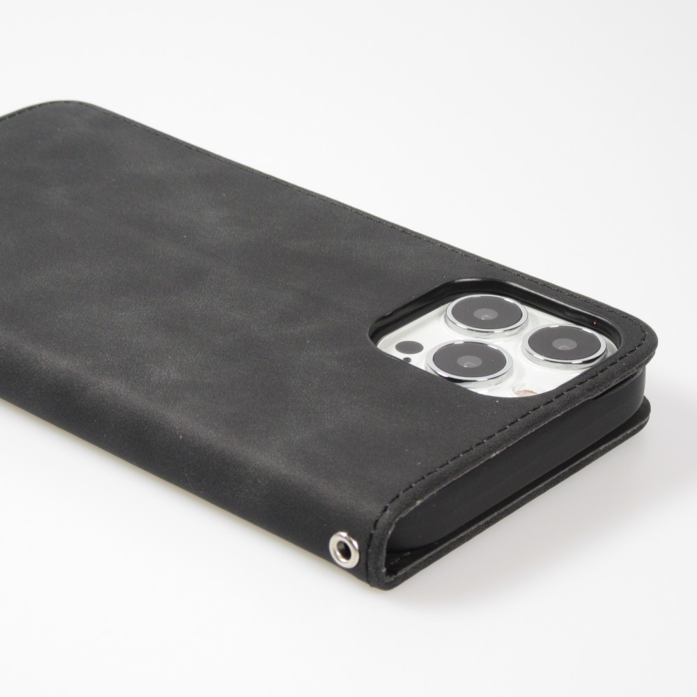 iPhone 16e Leder Tasche - Flip Wallet vintage mit Magnetverschluss und Kartenhalter - Schwarz