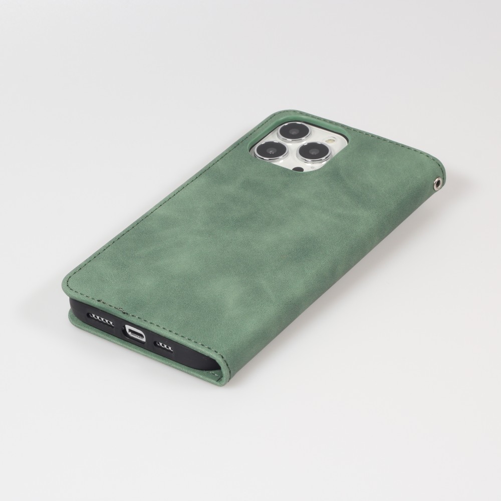 Leder Tasche Case iPhone 16e - Flip Wallet vintage mit Magnetverschluss und Kartenhalter - Dunkelgrün