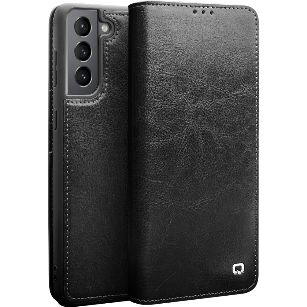 Hülle Samsung Galaxy S25 - Qialino Flip Echtleder - Schwarz