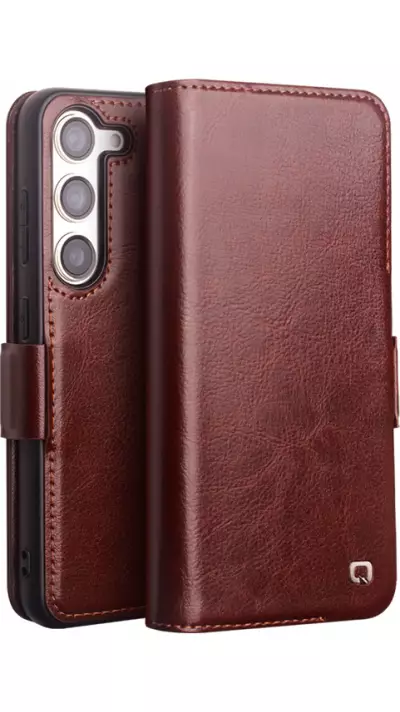 Samsung Galaxy S25 Case Hülle - Flip Qialino Echtleder mit magnetischem Verschluss - Dunkelbraun