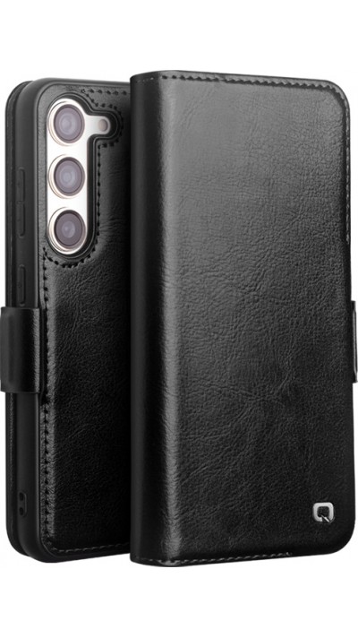 Samsung Galaxy S25 Case Hülle - Flip Qialino Echtleder mit magnetischem Verschluss - Schwarz
