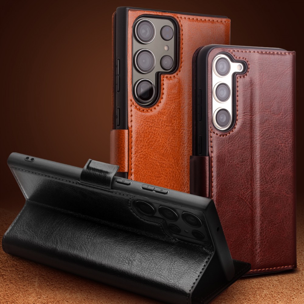 Samsung Galaxy S22 Ultra Case Hülle - Flip Qialino Echtleder mit magnetischem Verschluss - Hellbraun