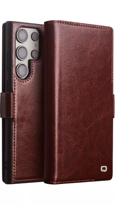 Samsung Galaxy S25 Ultra Case Hülle - Flip Qialino Echtleder mit magnetischem Verschluss - Dunkelbraun