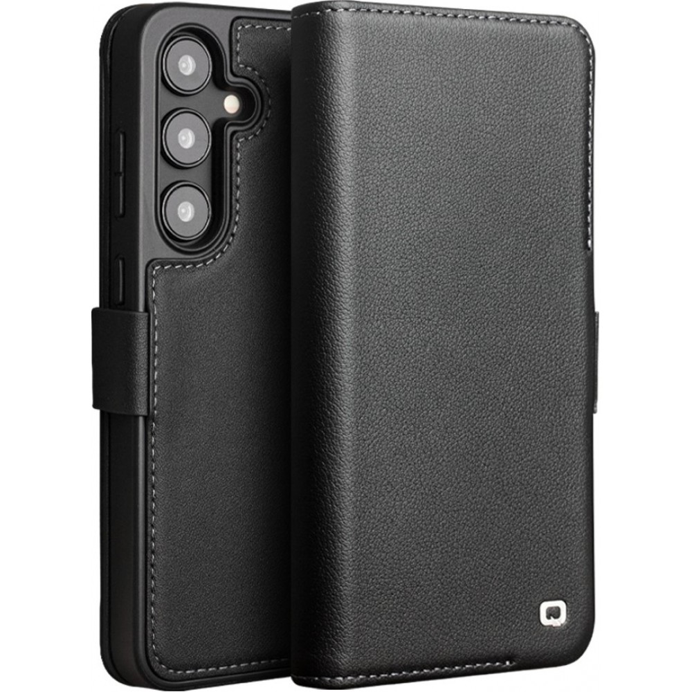 Fourre Samsung Galaxy S23+ - Flip Qialino cuir véritable mat avec fermeture magnétique - Noir mat