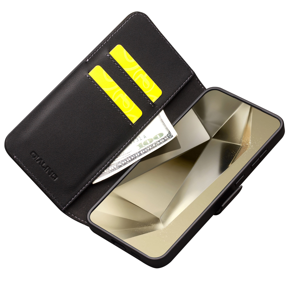 Fourre Samsung Galaxy S23+ - Flip Qialino cuir véritable mat avec fermeture magnétique - Noir mat