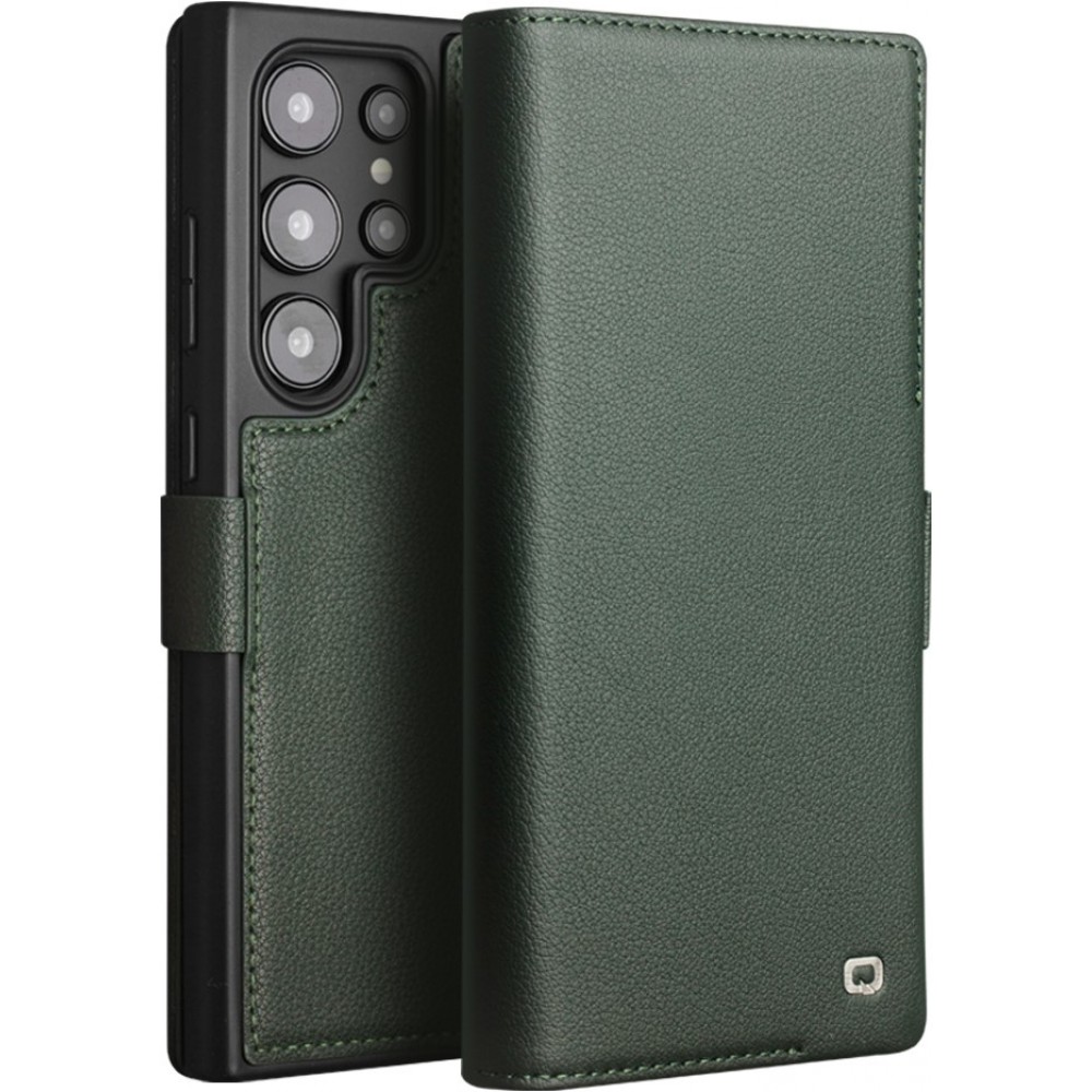 Fourre Samsung Galaxy S24 Ultra - Flip Qialino cuir véritable mat avec fermeture magnétique - Vert mat
