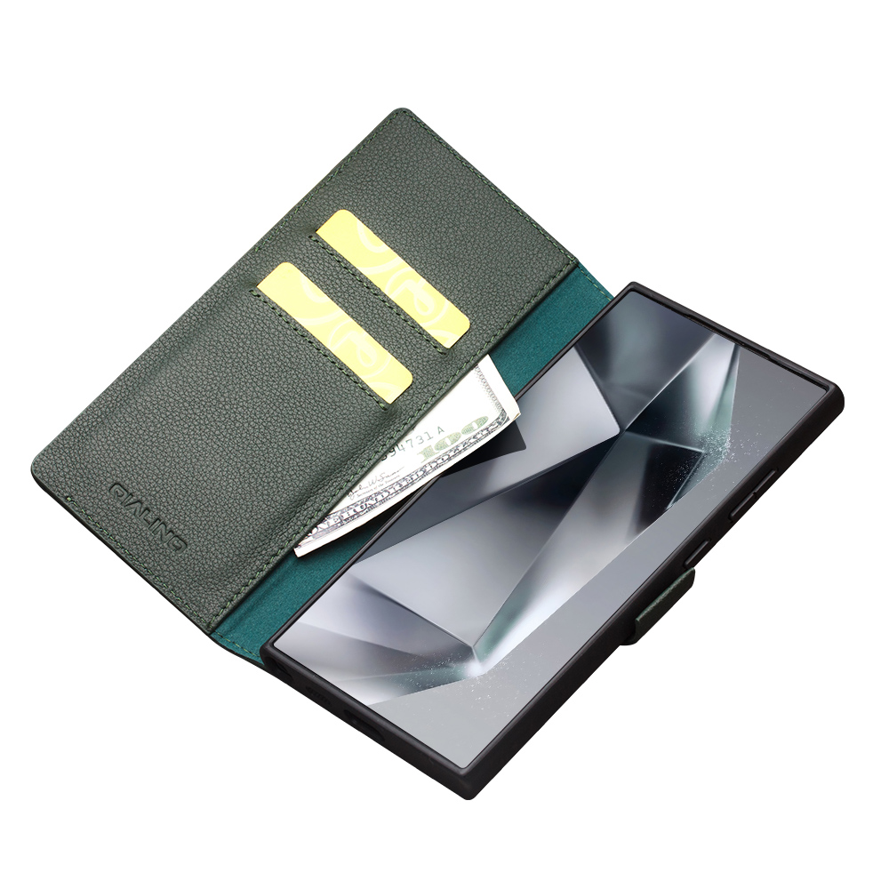 Fourre Samsung Galaxy S24 Ultra - Flip Qialino cuir véritable mat avec fermeture magnétique - Vert mat