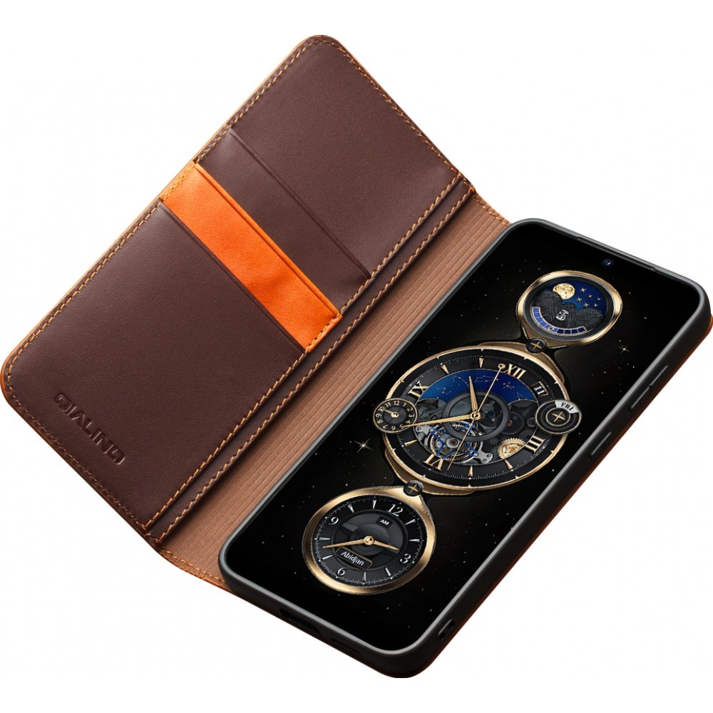 Samsung Galaxy S25+ Case Hülle - Qialino Flip Matt Wallet Echtleder - Braun