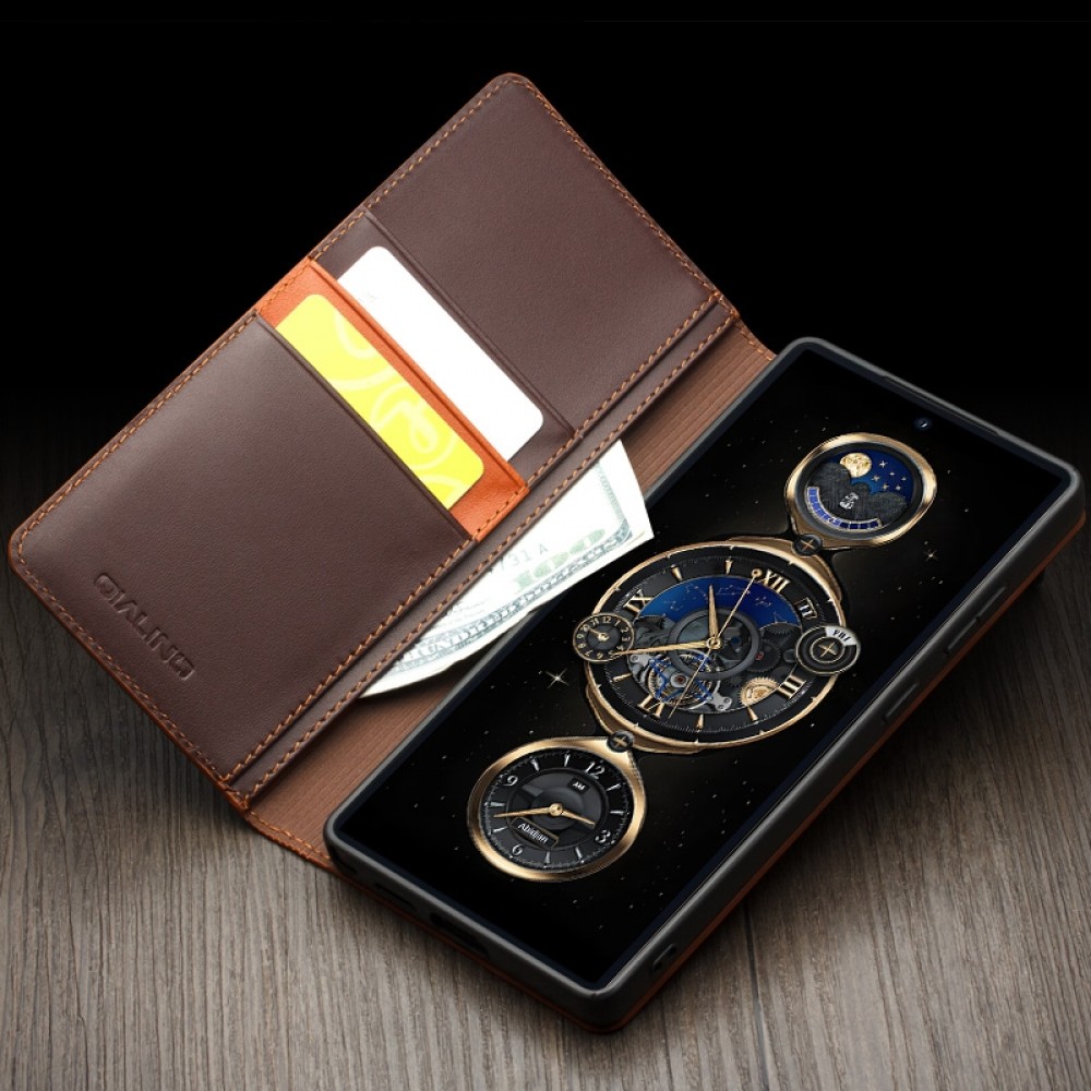 Samsung Galaxy S25+ Case Hülle - Qialino Flip Matt Wallet Echtleder - Braun