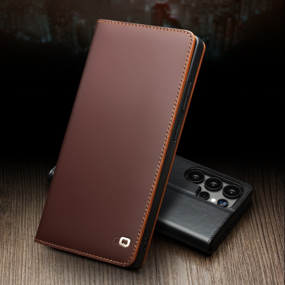 Samsung Galaxy S25+ Case Hülle - Qialino Flip Matt Wallet Echtleder - Braun