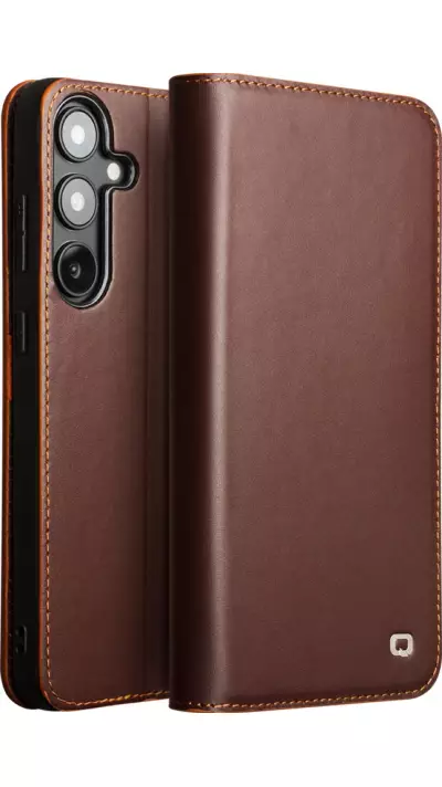 Samsung Galaxy S25 Case Hülle - Qialino Flip Matt Wallet Echtleder - Braun
