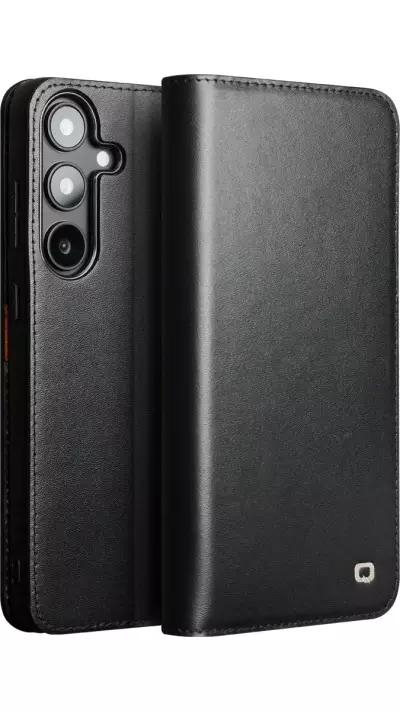 Samsung Galaxy S25 Case Hülle - Qialino Flip Matt Wallet Echtleder - Schwarz