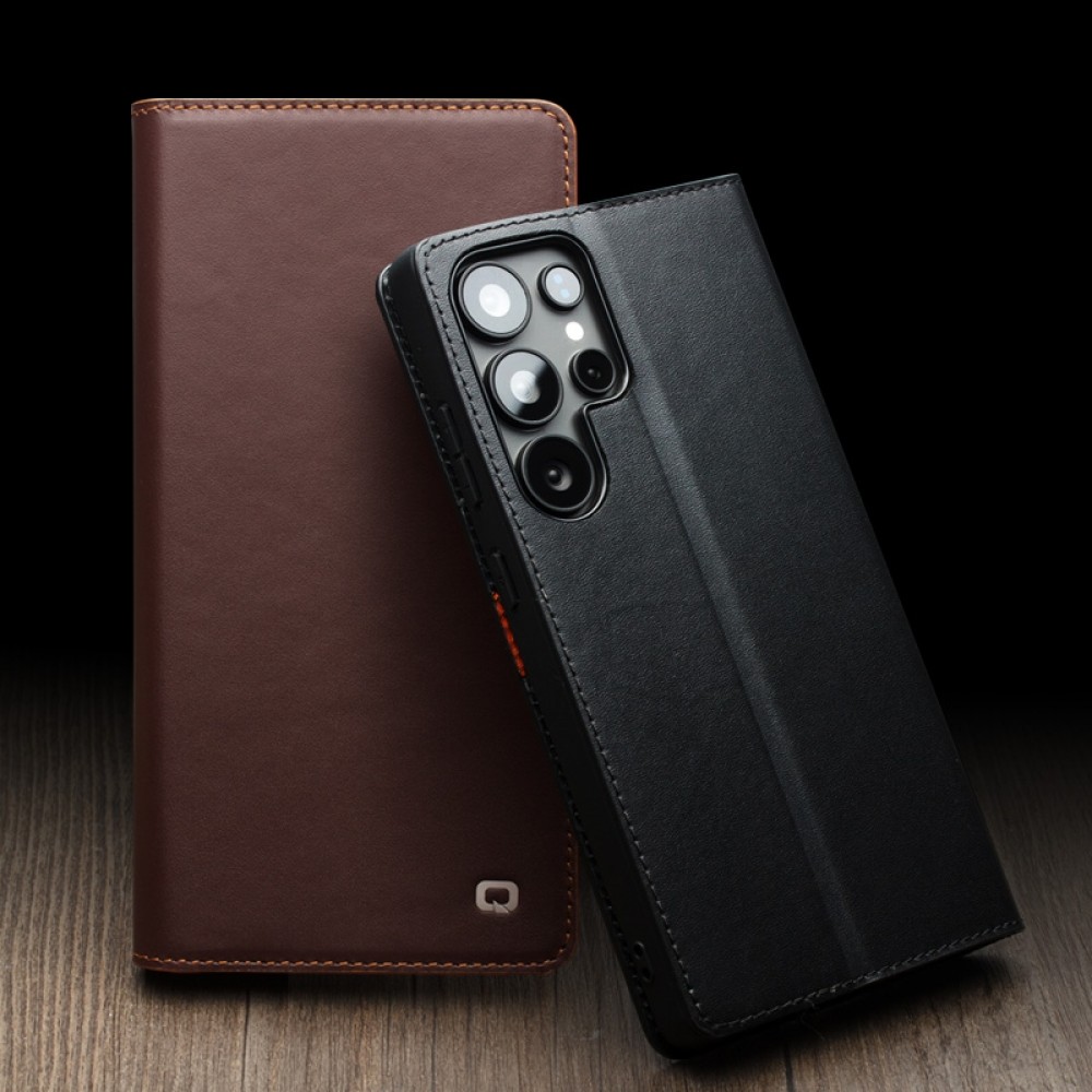 Samsung Galaxy S25 Case Hülle - Qialino Flip Matt Wallet Echtleder - Schwarz