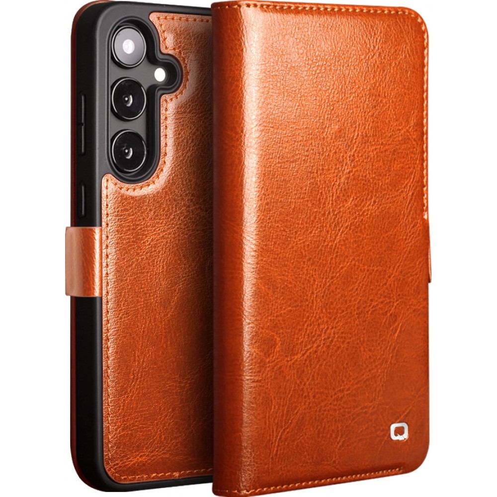 Samsung Galaxy S25 Case Hülle - Flip Qialino Echtleder mit magnetischem Verschluss - Hellbraun