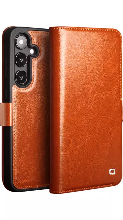 Samsung Galaxy S25 Case Hülle - Flip Qialino Echtleder mit magnetischem Verschluss - Hellbraun
