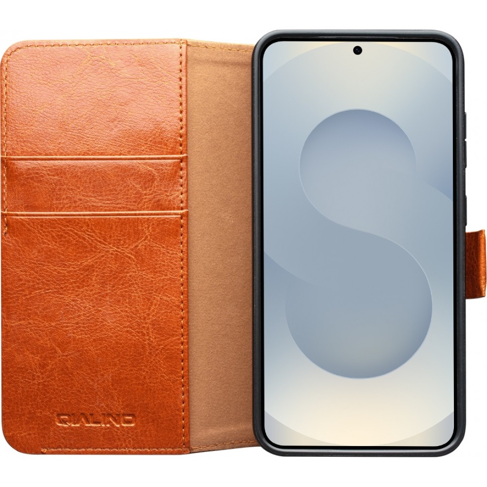 Samsung Galaxy S25 Case Hülle - Flip Qialino Echtleder mit magnetischem Verschluss - Hellbraun