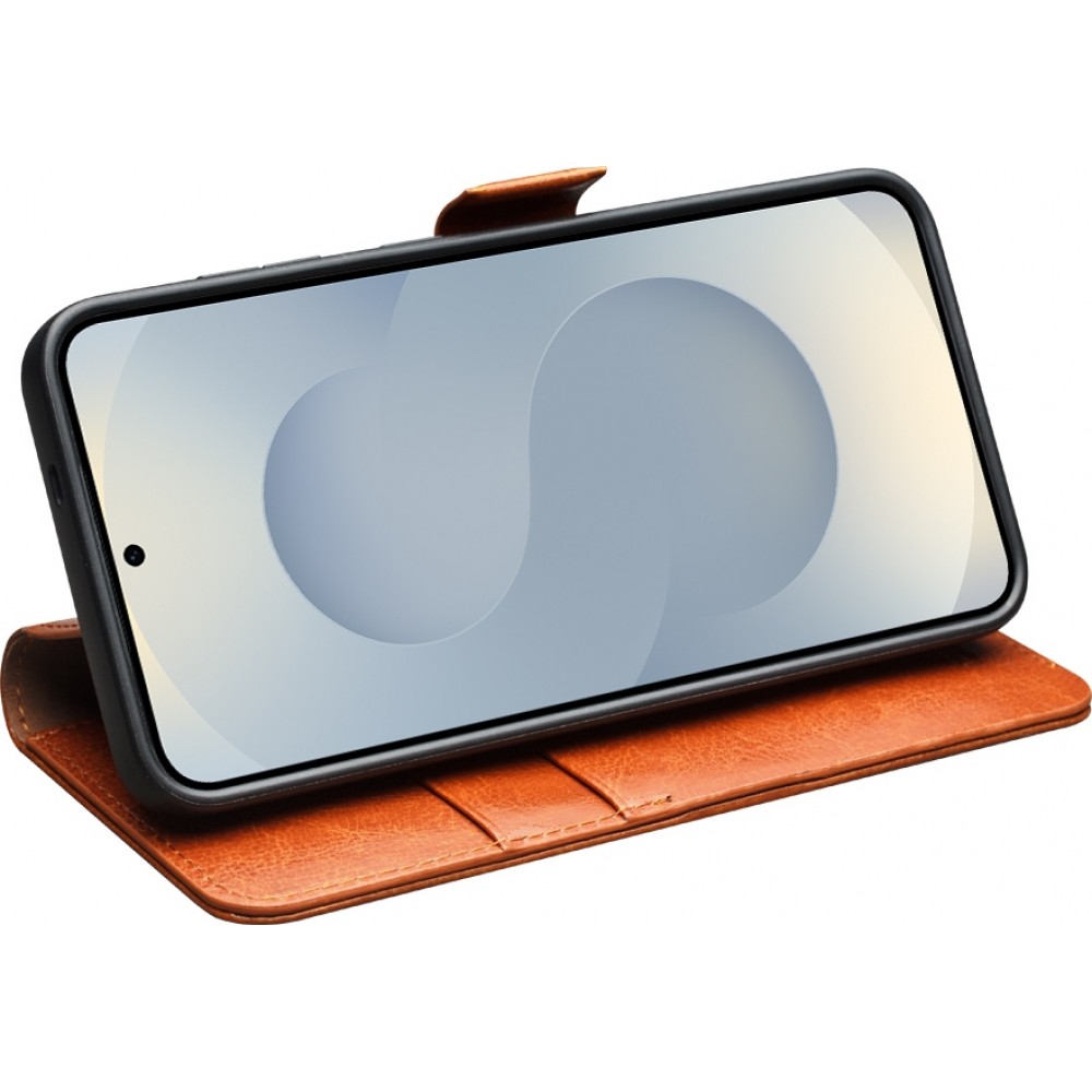 Samsung Galaxy S25 Case Hülle - Flip Qialino Echtleder mit magnetischem Verschluss - Hellbraun