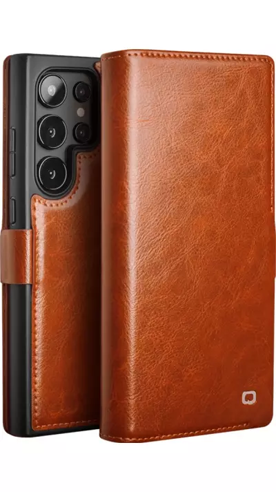 Samsung Galaxy S25 Ultra Case Hülle - Flip Qialino Echtleder mit magnetischem Verschluss - Hellbraun