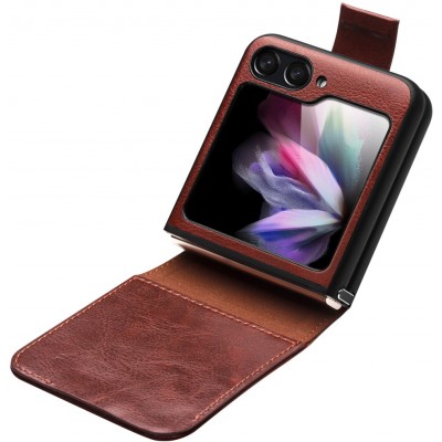 Samsung Galaxy Z Flip6 Case Hülle - Flip Qialino Echtleder mit magnetischem Verschluss - Dunkelbraun