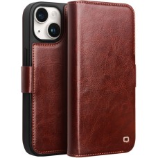 iPhone 15 Case Hülle - Flip Qialino Echtleder mit magnetischem Verschluss - Dunkelbraun