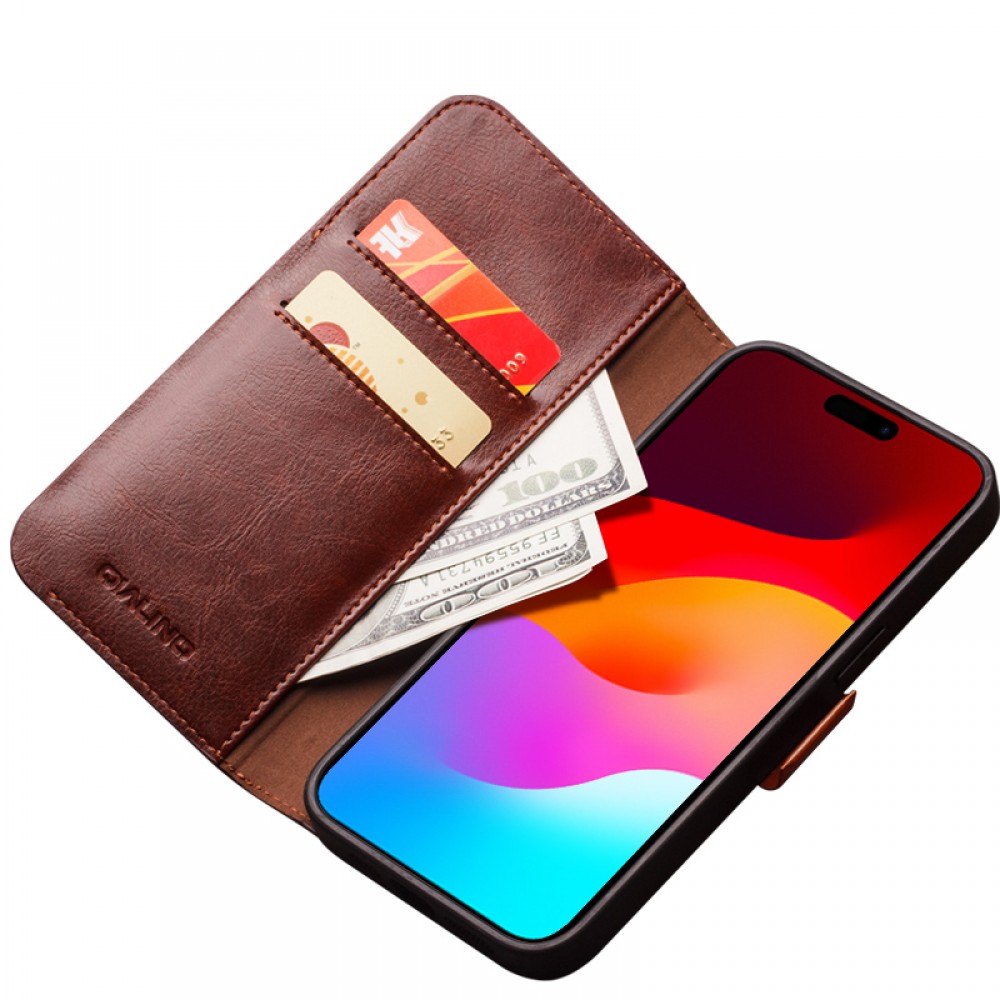 iPhone 15 Case Hülle - Flip Qialino Echtleder mit magnetischem Verschluss - Dunkelbraun