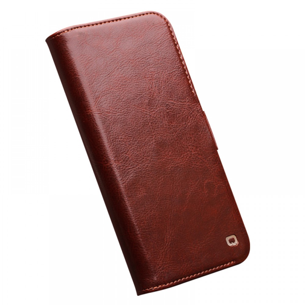 iPhone 15 Case Hülle - Flip Qialino Echtleder mit magnetischem Verschluss - Dunkelbraun