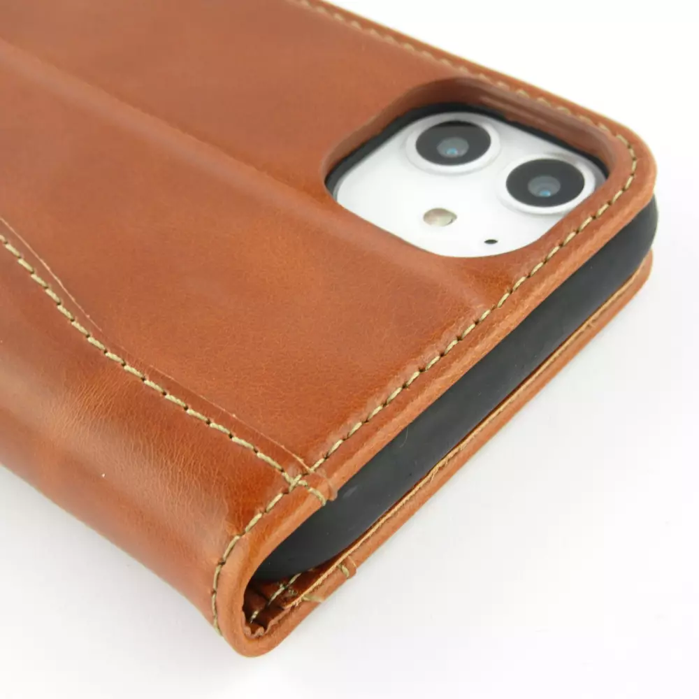 Fourre iPhone 15 Plus - Flip Fierre Shann cuir véritable - Brun