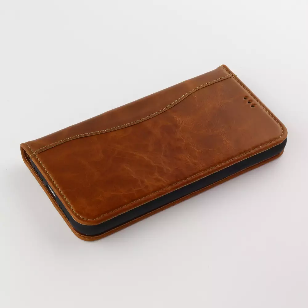 Fourre iPhone 15 Plus - Flip Fierre Shann cuir véritable - Brun