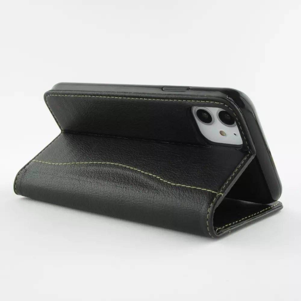 Fourre iPhone 15 Pro Max - Flip Fierre Shann cuir véritable - Noir