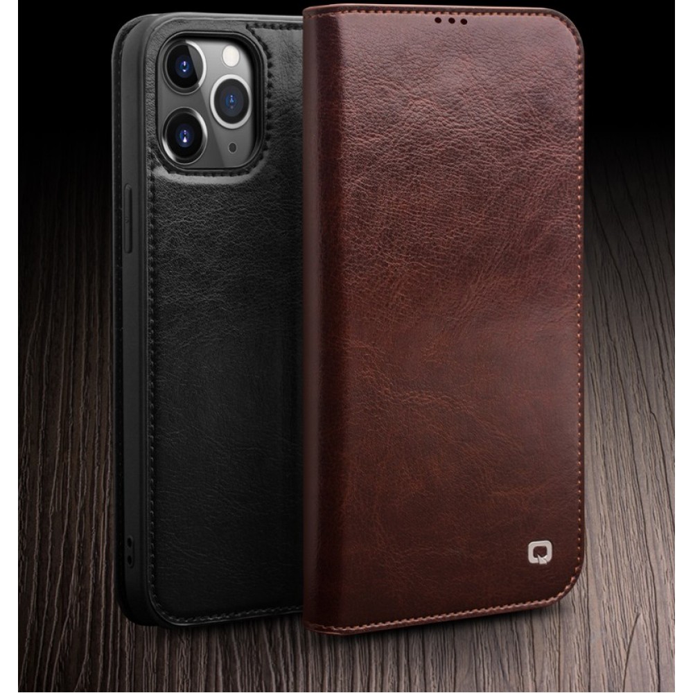 Hülle iPhone 12 mini - Qialino Flip Echtleder - Braun