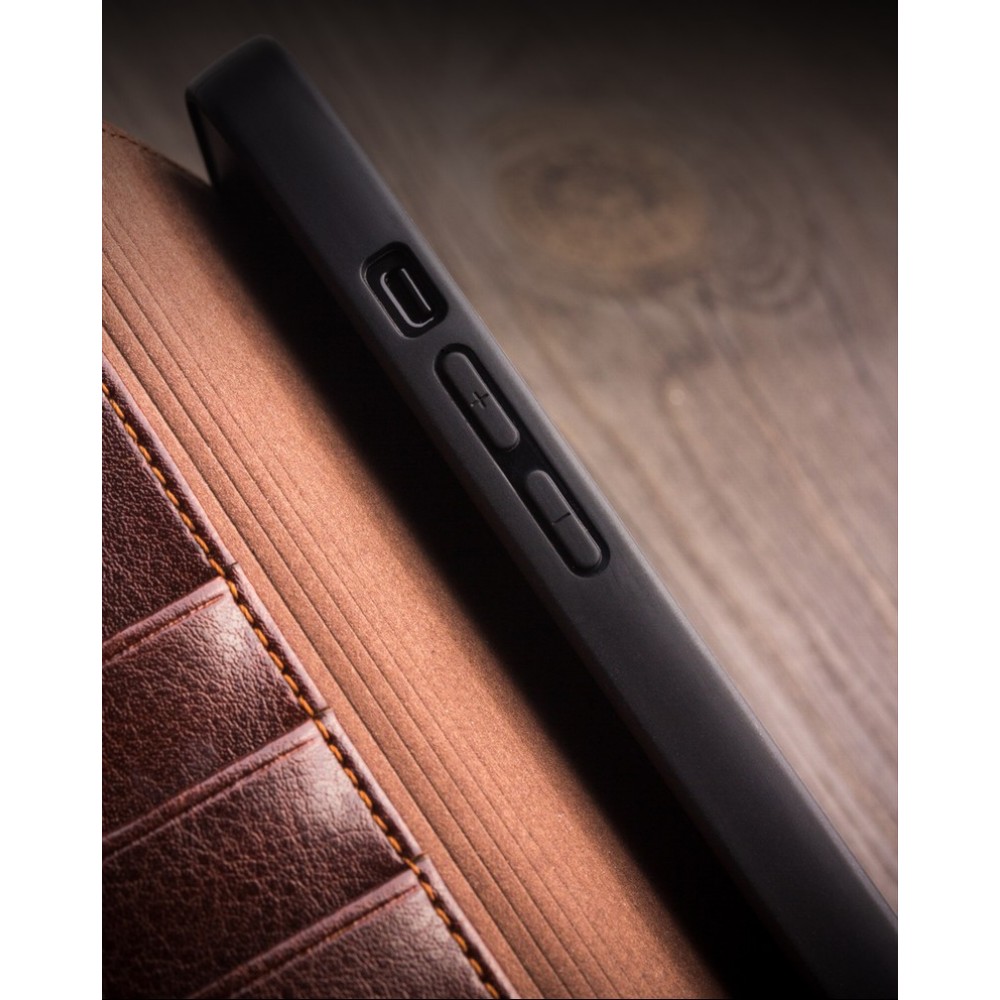 Hülle iPhone 12 mini - Qialino Flip Echtleder - Braun