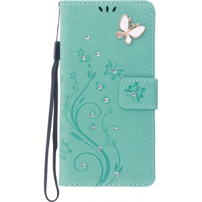 Hülle iPhone 12 / 12 Pro - Flip Schmetterling Strass - Türkis