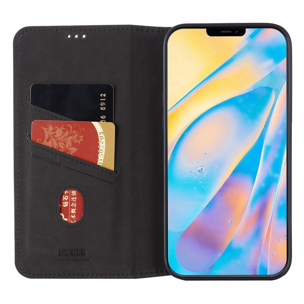 iPhone 12 / 12 Pro Case Hülle - GEBEi Kala Serie Luxus in echtem Leder, Kartenhalter, Videohalter - Schwarz