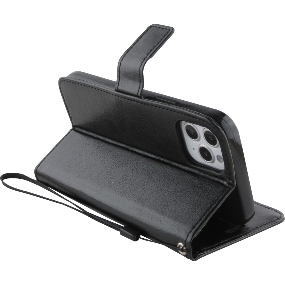 iPhone 13 Pro Max Case Hülle - Premium Flip Leder Tasche - Schwarz