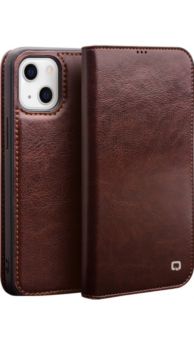 iPhone 14 Case Hülle - Qialino Flip Echtleder - Braun