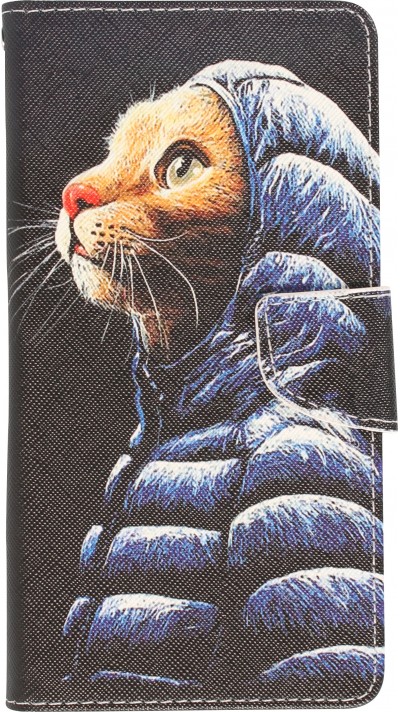 iPhone 13 Case Hülle - Premium Wallet Flip-Magnetverschluss und Kartenfach - Katze in Jacke - Schwarz