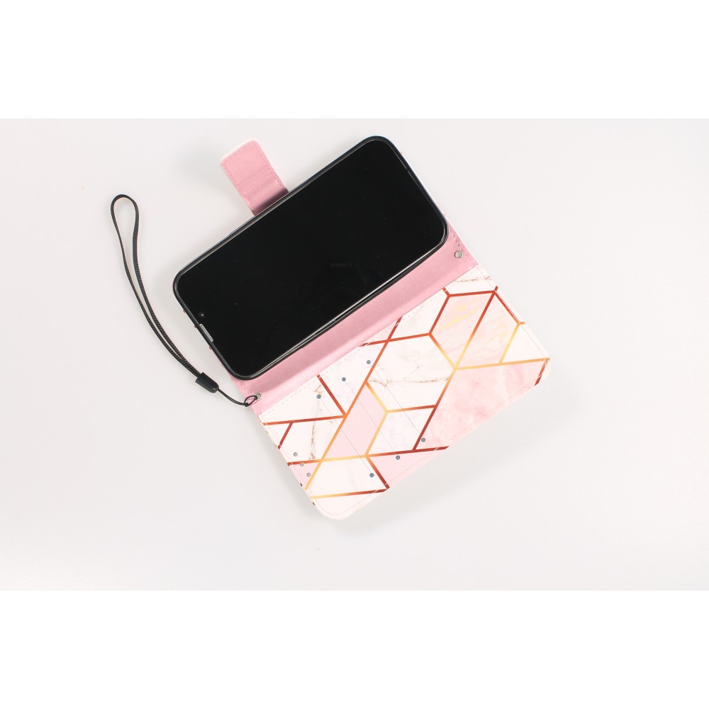 iPhone 13 Pro Case Hülle - Flip Wallet marmor geometric lines mit Magnet Verschluss - Rosa