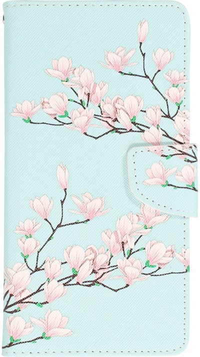 iPhone 12 / 12 Pro Case Hülle - Premium Wallet Flip-Magnetverschluss und Kartenfach - Sakura Baum - Hellblau