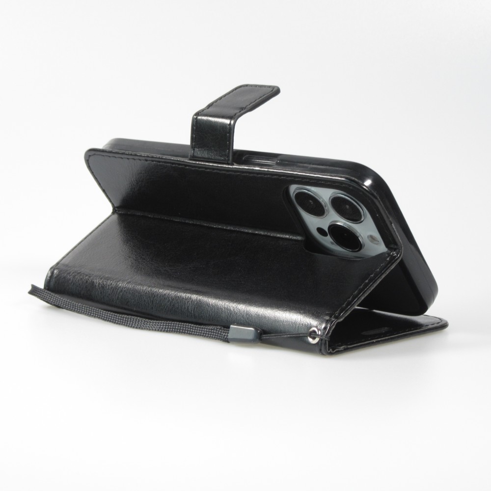 iPhone 14 Pro Case Hülle - Premium Flip Leder Tasche - Schwarz