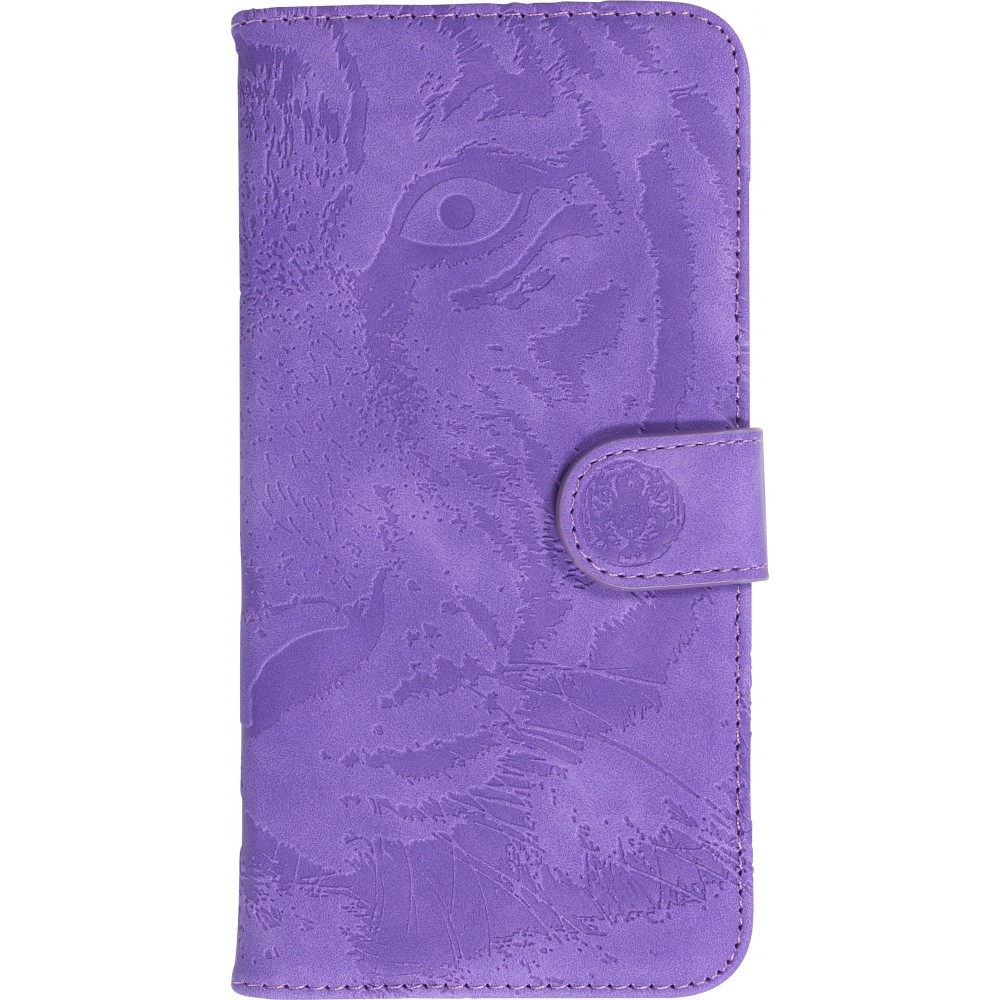 iPhone 15 Case Hülle - 3D Flip Kunstleder Auge des Tigers - Violett