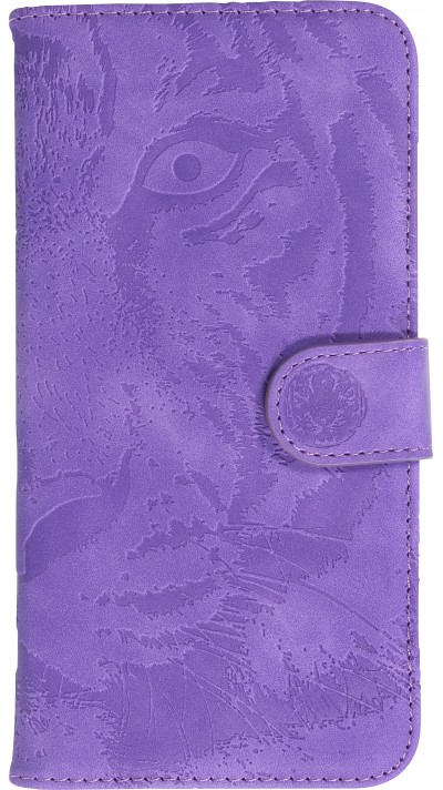 iPhone 14 Max Case Hülle - 3D Flip Kunstleder Auge des Tigers - Violett