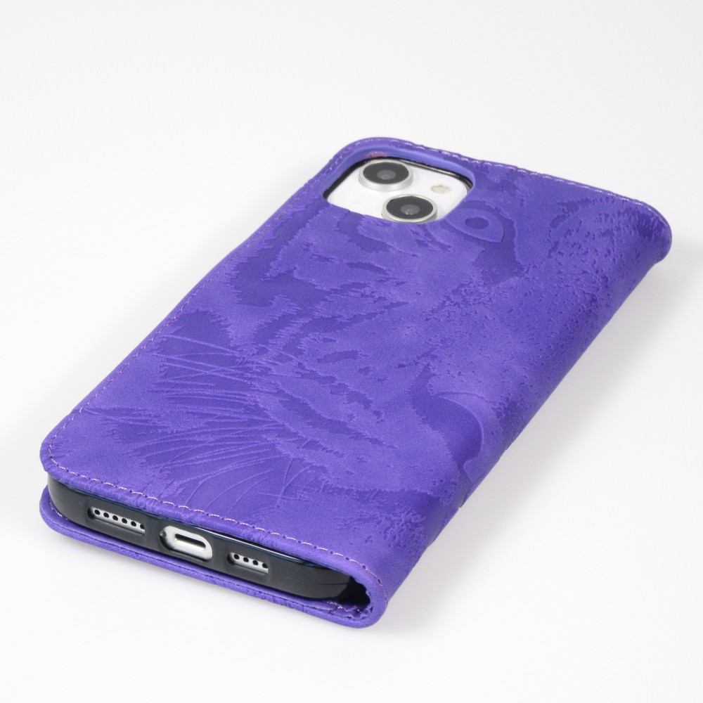 iPhone 15 Case Hülle - 3D Flip Kunstleder Auge des Tigers - Violett